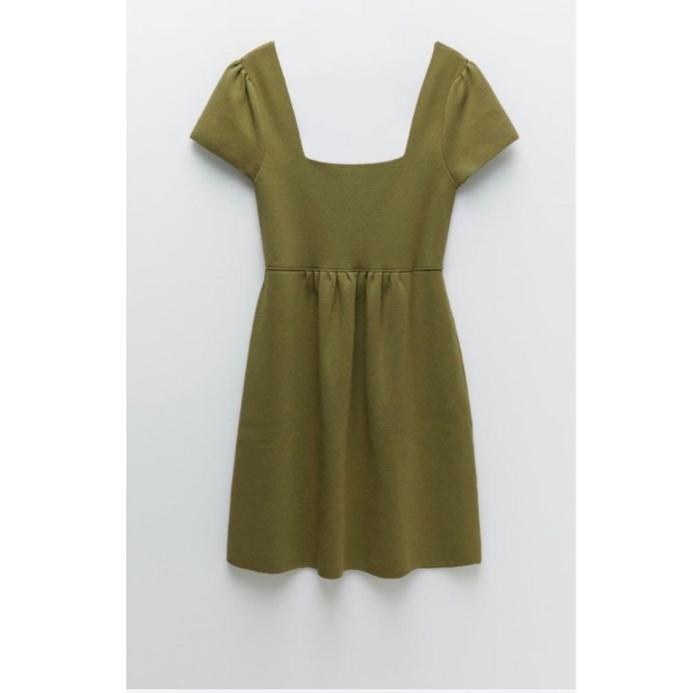 Zara Green Stretchy Knit Square Neck Skater Mini Dress - Picture 7 of 12